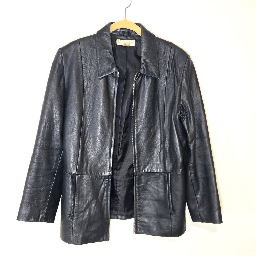 Petite Sophisticate Leather Jacket Womens M Black Full Zip Collared Minimalist
